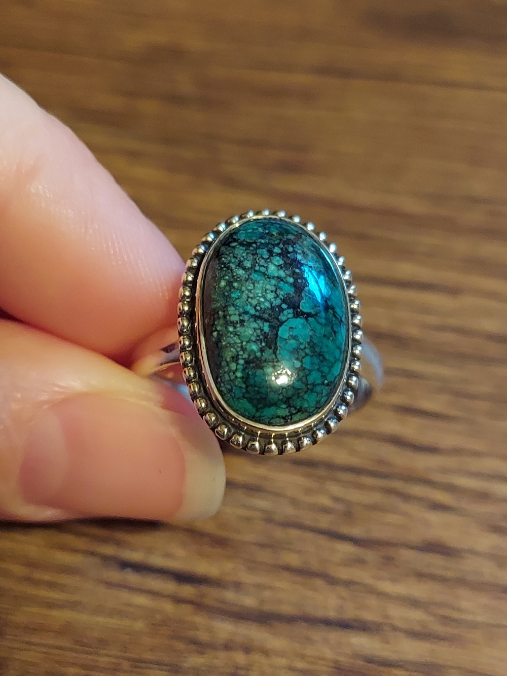 Turquoise: Sterling Silver Tibetan Turquoise Oval Ring Green Blue Stone- Size 11